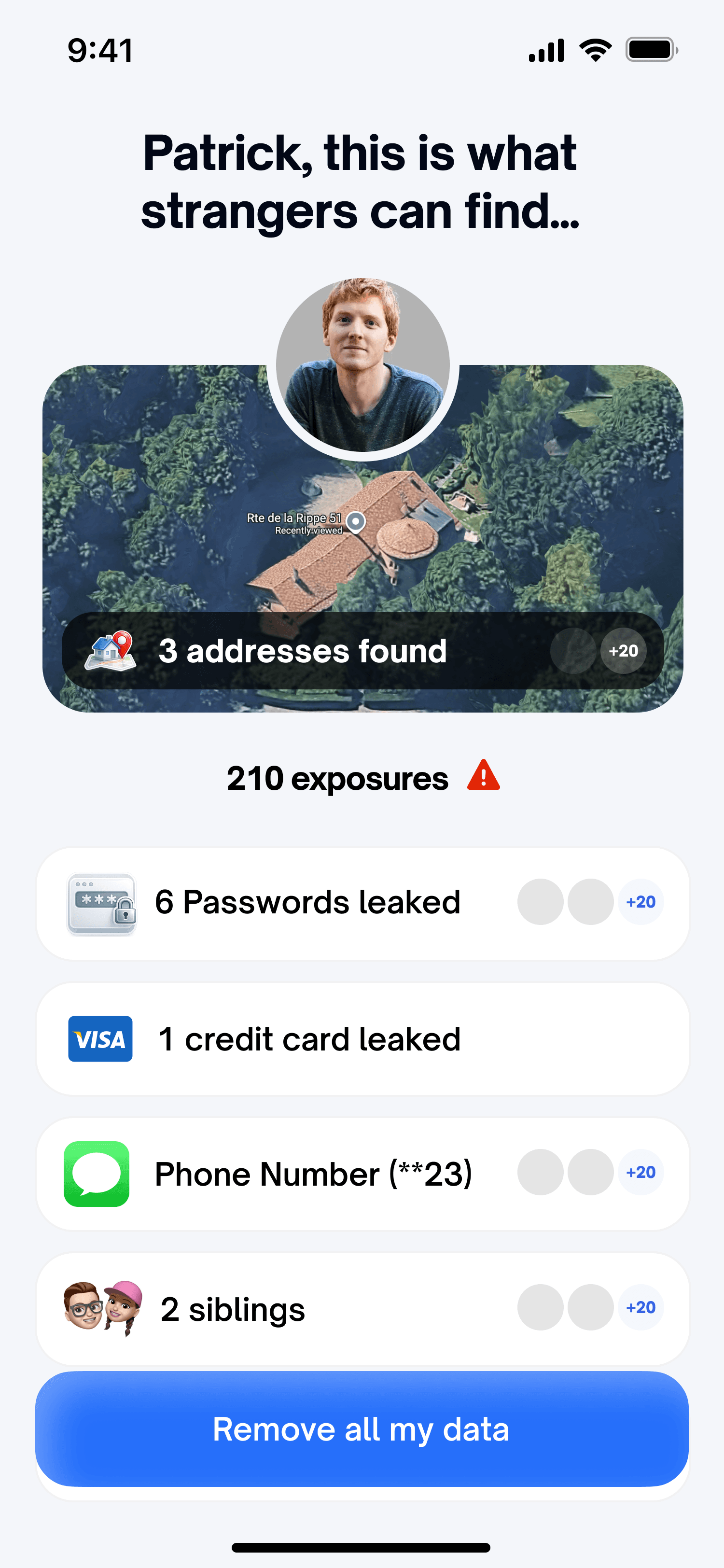 Wiped app showing exposed personal data and removal options